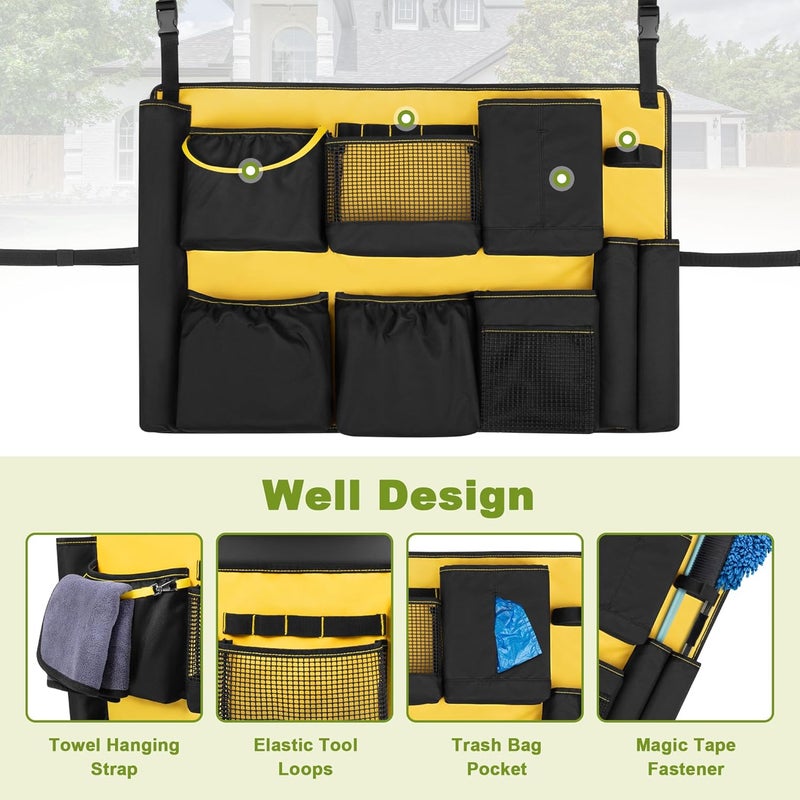 HODRANT 32-55 Gallon Trash Can Caddy Bag, Garbage Bin Apron Caddy with Multiple Pockets for Cleaning Supplies, Cleaning Tool Organizer with Adjustable Buckle for Janitorial Trash Can, Black+Yellow - Image 4